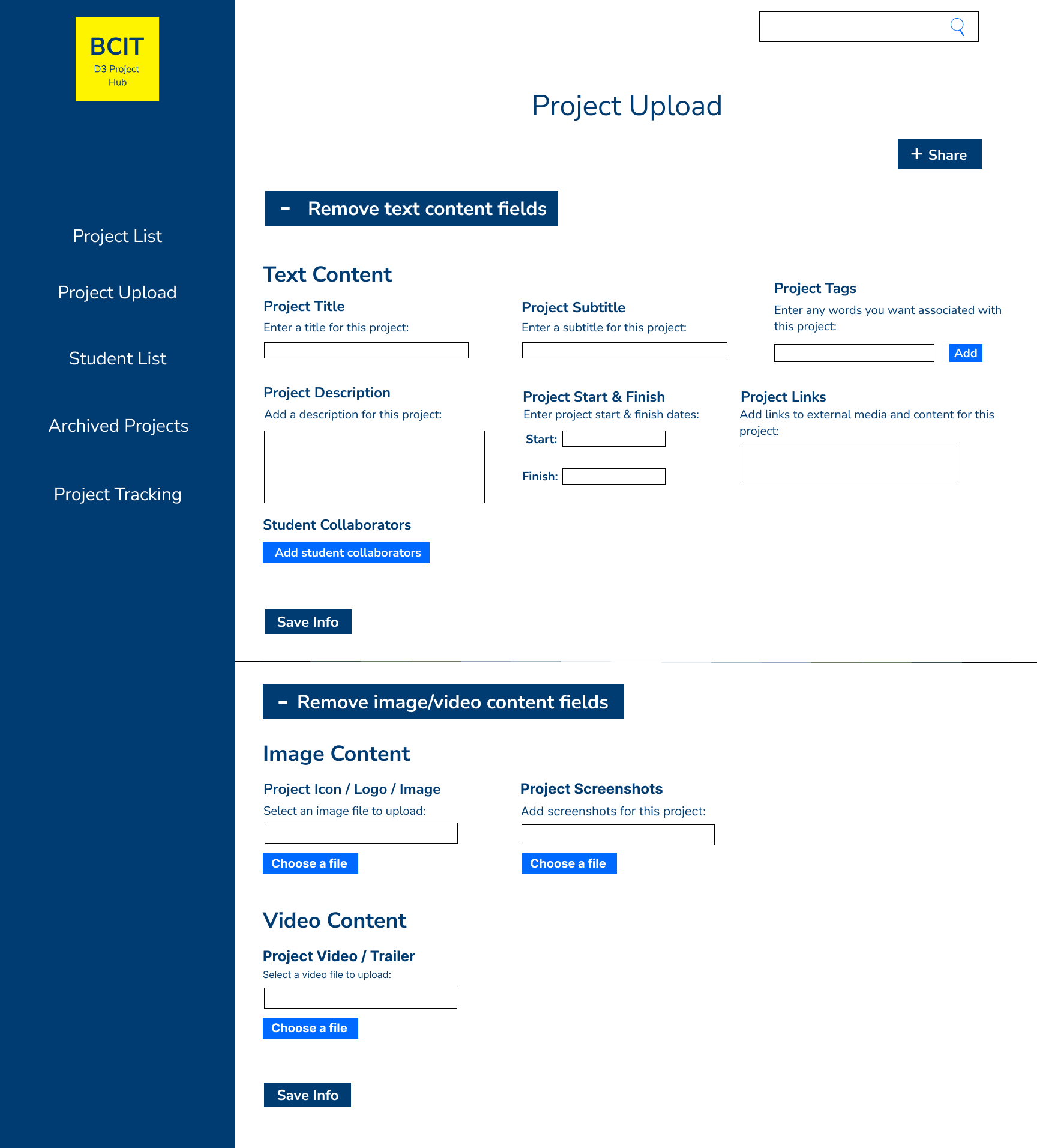 Wireframe materials for D3 Project Hub