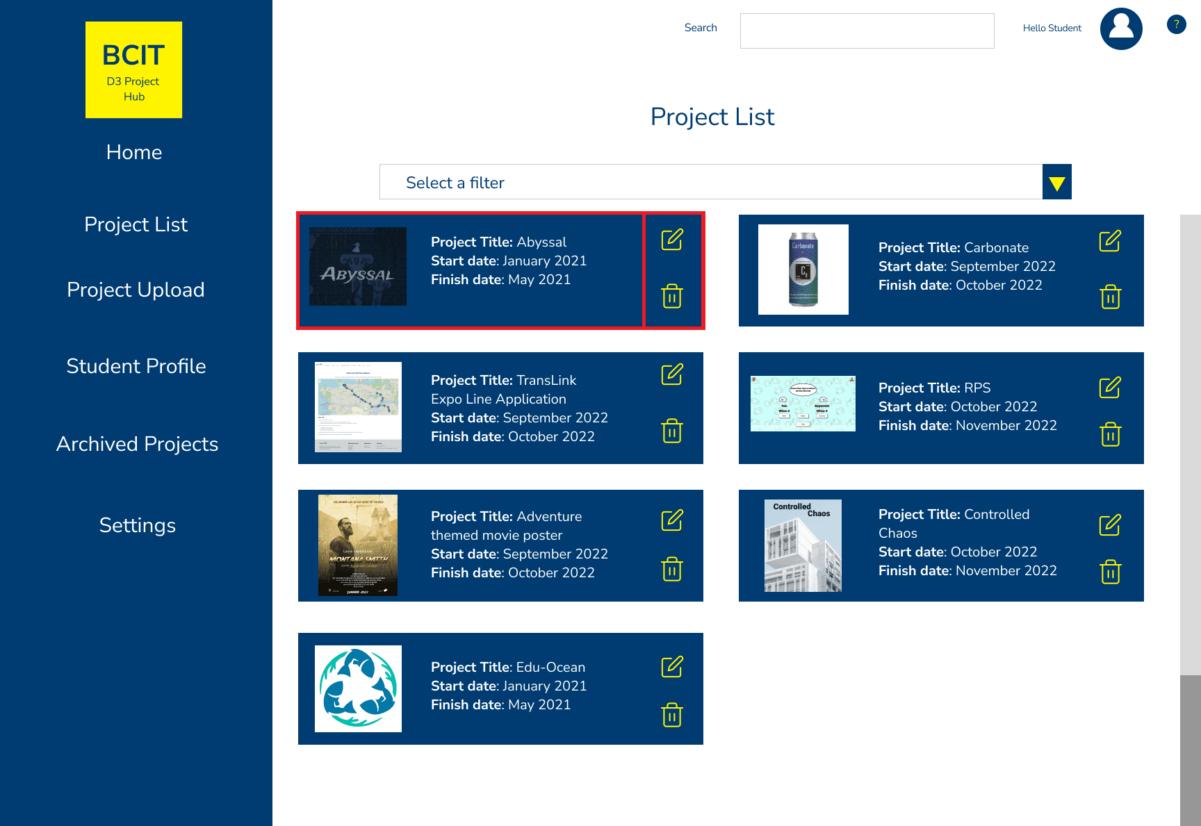 Uploading, editing and deleting projects for D3 Project Hub